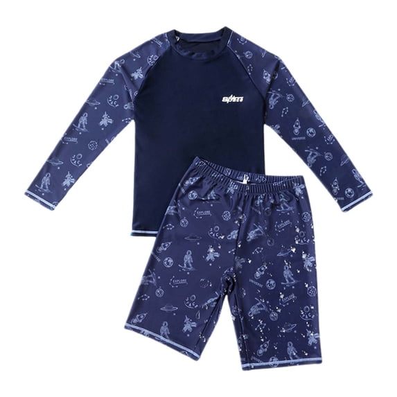 FUZHIQ Boys Plus Size 2 Piece Long Sleeve Rash Guard Swimsuit Set, UPF 50+ Sun Protection Quick Dry Loose Stretchy Ocean Nautical Print Bathing Suit for Big Kids Beach Swim,140