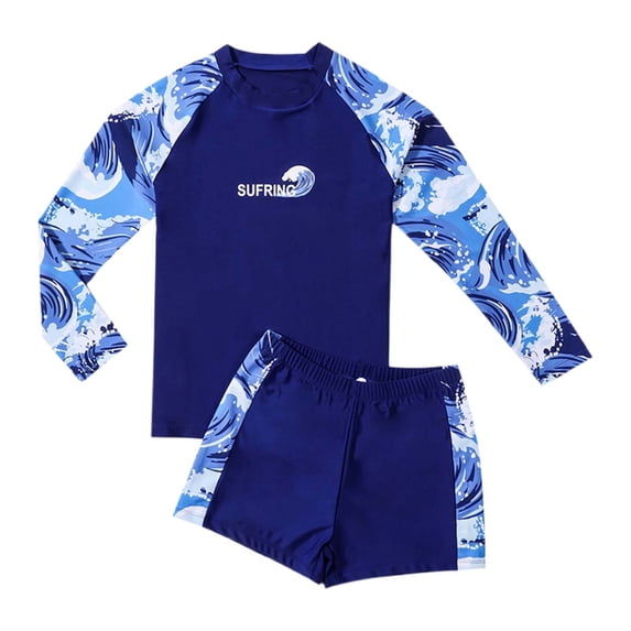 FUZHIQ Boys Plus Size 2 Piece Long Sleeve Rash Guard Swimsuit Set, UPF 50+ Sun Protection Quick Dry Loose Stretchy Ocean Nautical Print Bathing Suit for Big Kids Beach Swim,180