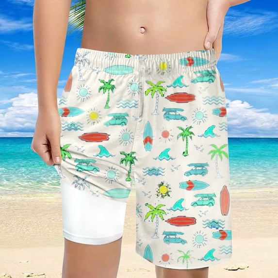 FUZHIQ Boys Swim Beach Print Trunks With Compression Liner Boy Bathing Suit Quick Dry Beach Swimsuit Toddler Swim Shorts,8 Years