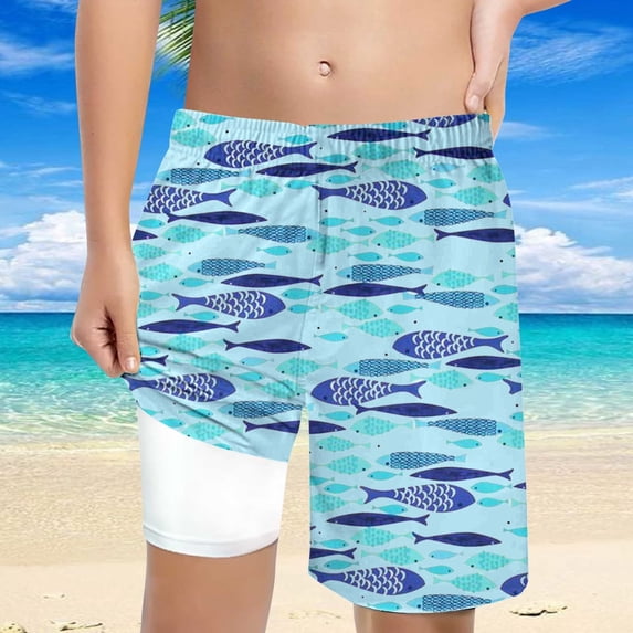 FUZHIQ Boys Swim Fish Print Trunks With Compression Liner Boy Bathing Suit Quick Dry Beach Swimsuit Toddler Swim Shorts,7 Years