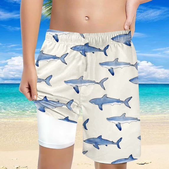 FUZHIQ Boys Swim Shark Print Trunks With Compression Liner Boy Bathing Suit Quick Dry Beach Swimsuit Toddler Swim Shorts,14-16 Years