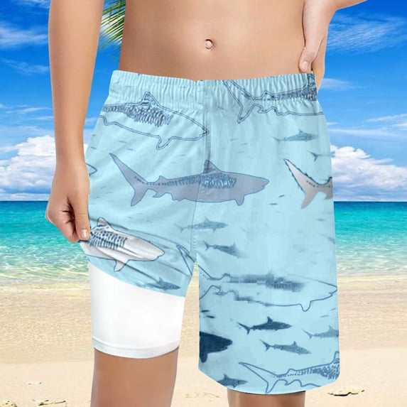 FUZHIQ Boys Swim Shark Print Trunks With Compression Liner Boy Bathing Suit Quick Dry Beach Swimsuit Toddler Swim Shorts,5-6 Years