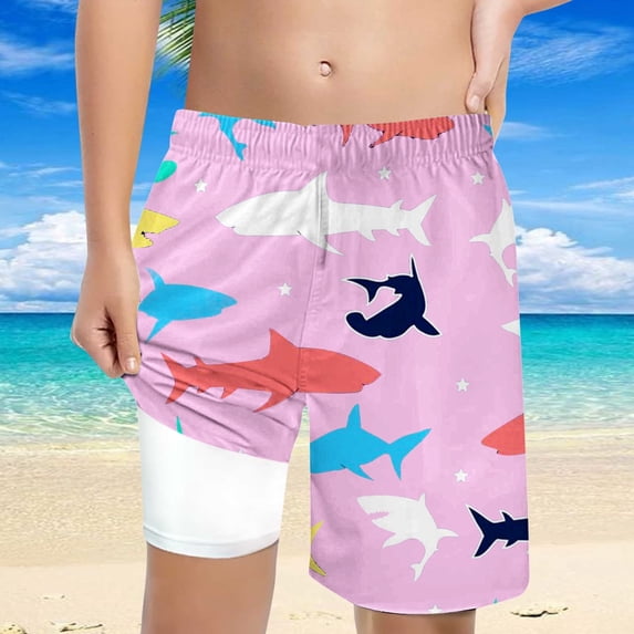 FUZHIQ Boys Swim Shark Print Trunks With Compression Liner Boy Bathing Suit Quick Dry Beach Swimsuit Toddler Swim Shorts,8 Years