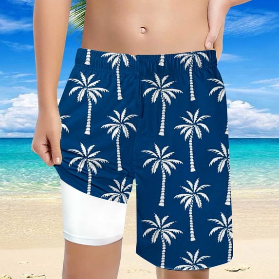 FUZHIQ Boys Swim Tropical Print Trunks With Compression Liner Boy Bathing Suit Quick Dry Beach Swimsuit Toddler Swim Shorts,5-6 Years
