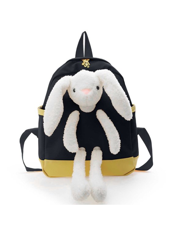 Cartoon Bunny School Backpack for Elementary School, Soft Fluffy Rabbit Decor Bookbag, Lightweight Durable Casual School Bag for 1st to 4th Grade, Black