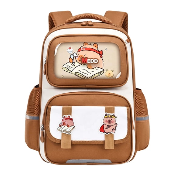FUZHIQ Cartoon Patchwork School Backpack for 3rd 4th 5th 6th Grade Reflective Strip Ergonomic Back Cushion Multi Pocket Bookbag Back to School, Brown
