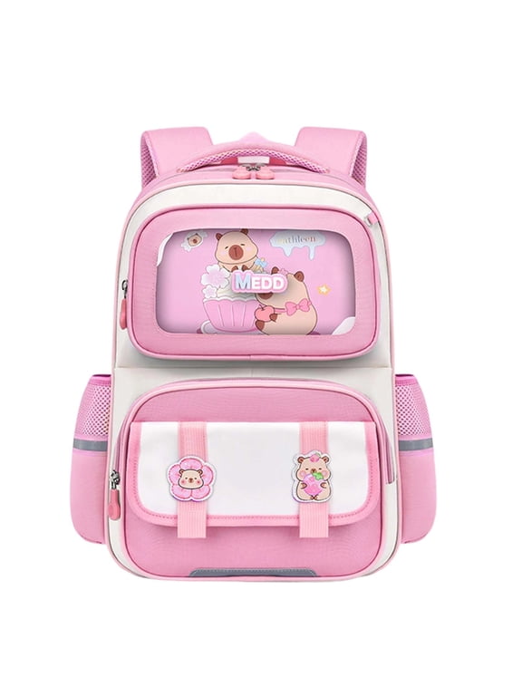 Cartoon Patchwork School Backpack for 3rd 4th 5th 6th Grade Reflective Strip Ergonomic Back Cushion Multi Pocket Bookbag Back to School, Pink