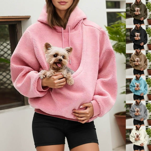FUZHIQ Cat Dog Pouch Hoodie for Women Fleece Pet Carrier Kangaroo Pouch Sweatshirts With Large Pocket Pullover Sharpa Warm Shirt