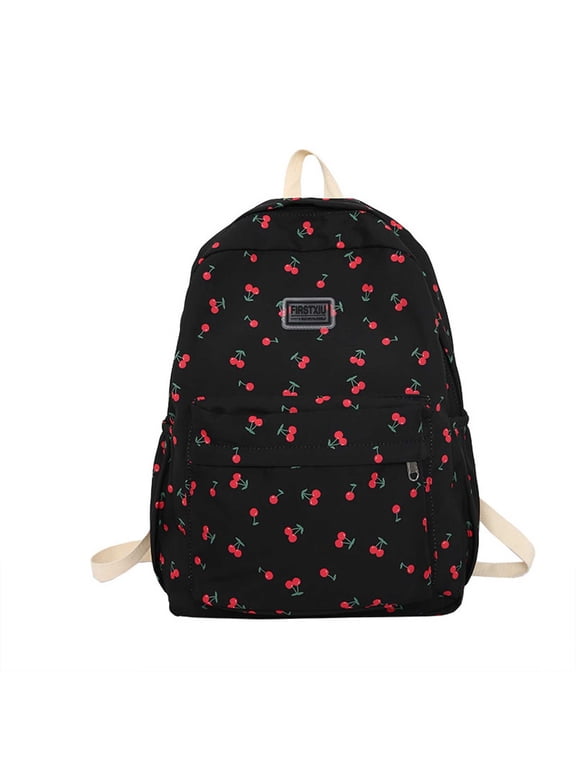 Cherry Print School Backpack for 3rd 4th 5th 6th Grade, Ditsy Fruit Pattern Bookbag, Lightweight Casual Elementary Back to School Bag, Black