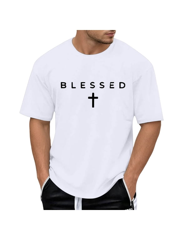 Christian Shirts for Men Blessed Cross Graphic T-Shirt Casual Streetwear Vintage Tee God T-Shirt Top