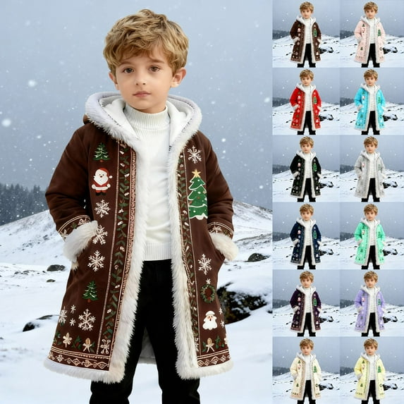 FUZHIQ Christmas Jacket for Kids Boys Santa Claus Xmas White Trim Open Front Hoodies Winter Warm Hooded Coat