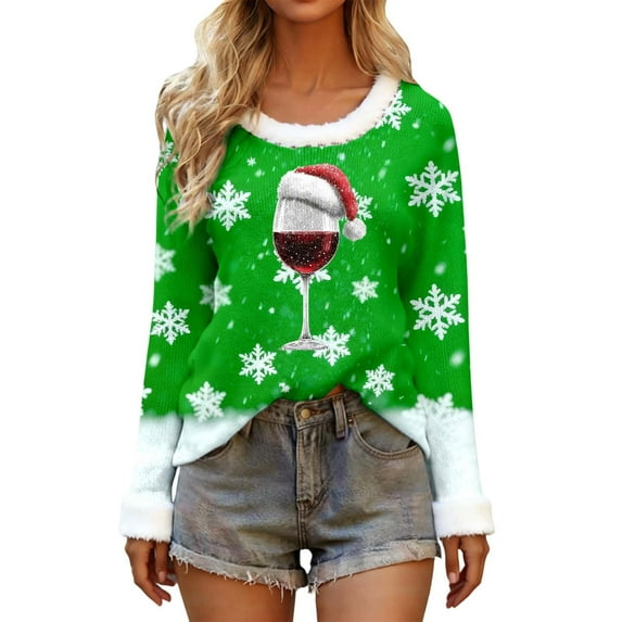 FUZHIQ Christmas Shirts for Women Collar Long Sleeve Red Glass Print Xmas Holiday Cute Women Sweatshirts Xmas Sweater Blouses