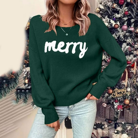 FUZHIQ Christmas Sweaters for Women Christmas Printed Women's Loose Lightweight Crewneck Long Sleeve Fuzzy Knit Warm Pullover Sweater