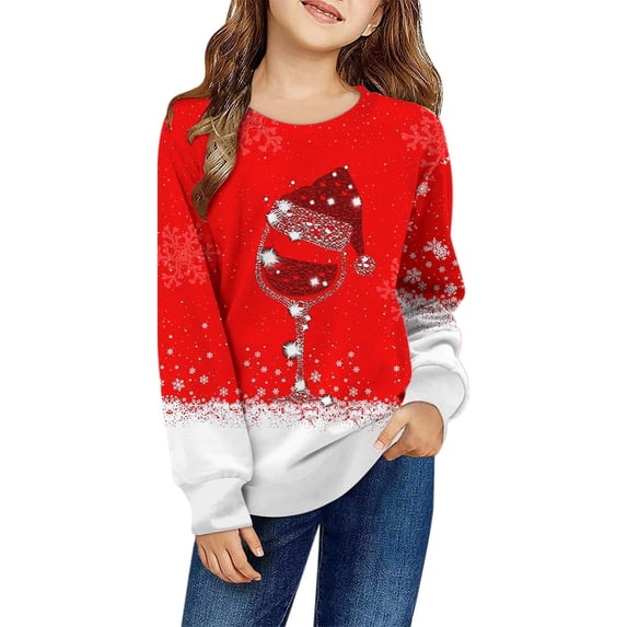 FUZHIQ Christmas Sweatshirts for Girl Long Sleeve Red Glass Print Crewneck Sweatshirt Winter Soft Warm Pullover Top Xmas Blouses
