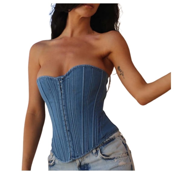 FUZHIQ Corset Tops for Women,Denim Bustier Corset Lingerie top,Renaissance Overbust Corset Push Up Bodysuit for Halloween Cos Party