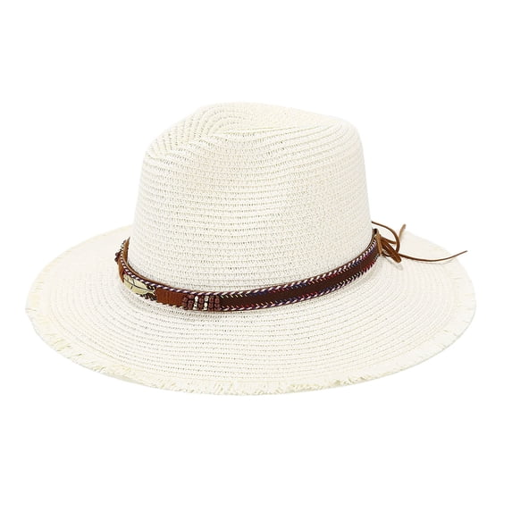 FUZHIQ Cowboy Straw Hat for Men Women Frayed Brim Woven Fedora Sun Hat Vintage Summer Cap for Outdoor Beach Vacation Travel,One Size