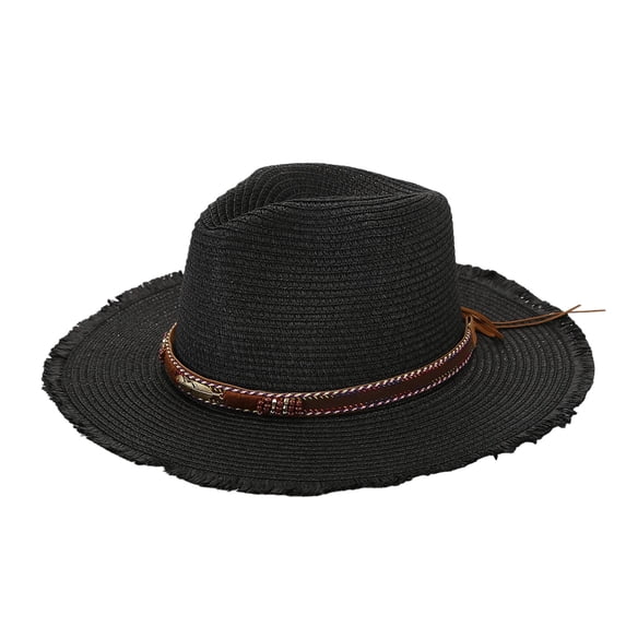 FUZHIQ Cowboy Straw Hat for Men Women Frayed Brim Woven Fedora Sun Hat Vintage Summer Cap for Outdoor Beach Vacation Travel,One Size