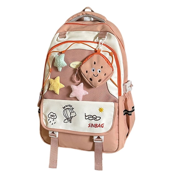 FUZHIQ Cute Cartoon School Bag for Ages 3-9 Grade Plush Star Decor Detachable Mini Pouch Casual Student Daily Backpack, Red