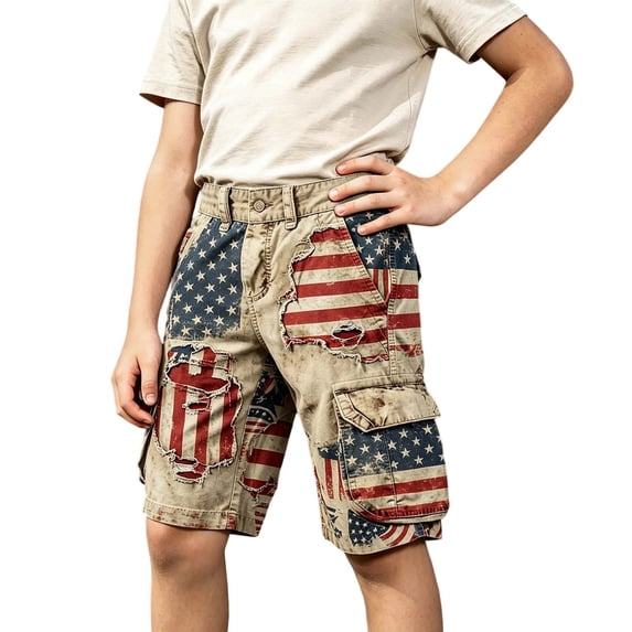 FUZHIQ Distressed Ripped Boy's Cargo Shorts 250th Anniversary Vintage Tactical Summer Shorts with Pockets,13-14 Years