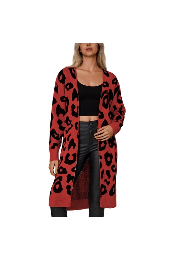 Fall Cardigans for Women, Women's Long Sleeve Leopard Print Open Front Knit Sweater Coat Soft Comfortable Fashion Outerwear Fall Warm Cardigans