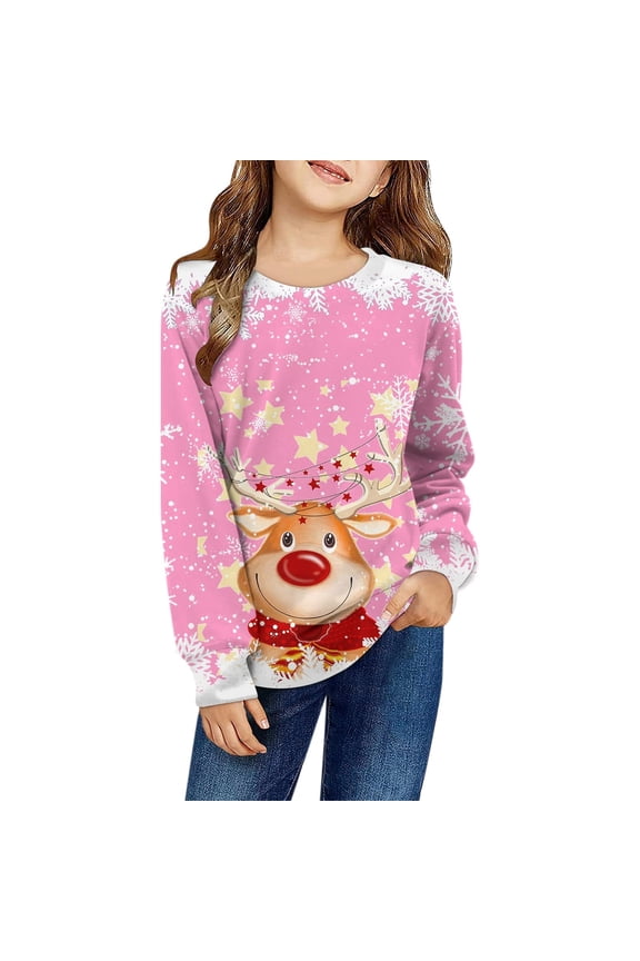 Fall Sweatshirts for Girls Long Sleeve Christmas Santa Reindeer Cute Xmas Holiday Girl Casual Crewneck Pullover Tops