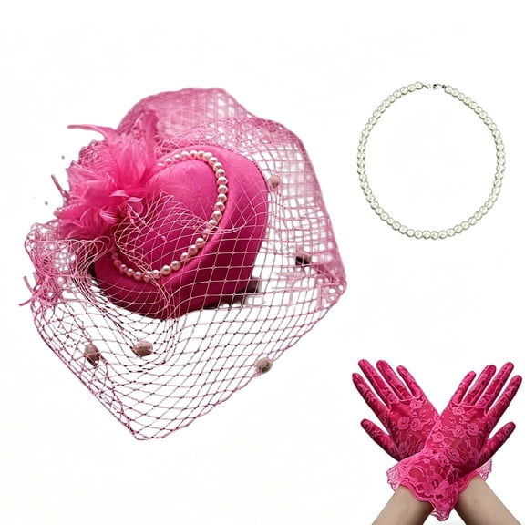 FUZHIQ Fascinators Hat with Gloves Set for Women, Vintage Tea Party Headwear Kentucky Derby Wedding Bridal Prom Accessories for Ladies