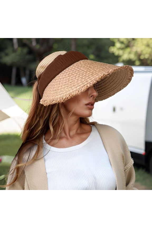 Frayed Brim Straw Woven Sun Visor Hat for Women, Wide Brim UV Protection Elastic Headband Cap, Foldable Breathable Summer Hat for Beach Vacation Travel Outdoor Activities