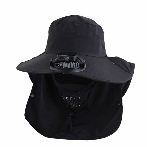 FUZHIQ Full Coverage Solar Fan Hat with Face Mask & Neck Flap, Wide Brim Rechargeable UV Protection Cooling Hat for Fishing Farming Cycling,B
