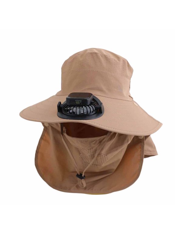 Full Coverage Solar Fan Hat with Face Mask & Neck Flap, Wide Brim Rechargeable UV Protection Cooling Hat for Fishing Farming Cycling,B
