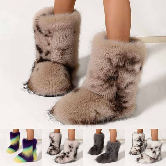 FUZHIQ Furry Faux Fur Boots Women's Winter Shoes Woman Fluffy Warm Snow Boots Mid-Calf Comfortable Outdoor Flat