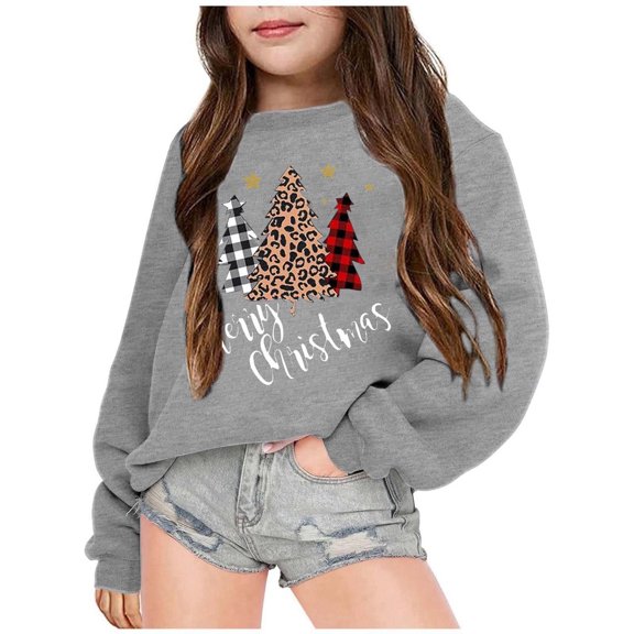 FUZHIQ Girl Long Sleeve Shirts Christmas Crew Neck Long Sleeve Sweatshirts Toddler Cute Print Tops Unisex Pull on Trendy Fall Winter Clothes Grey for 8-9 Years