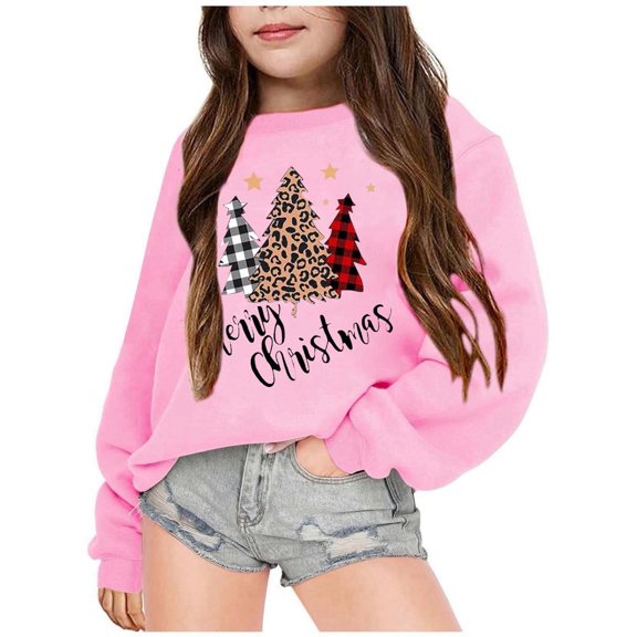 FUZHIQ Girl Long Sleeve Shirts Christmas Crew Neck Long Sleeve Sweatshirts Toddler Cute Print Tops Unisex Pull on Trendy Fall Winter Clothes Pink for 6-7 Years