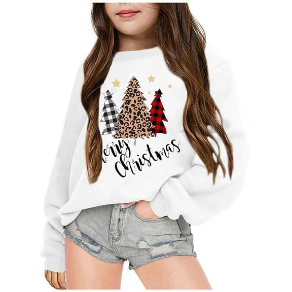 FUZHIQ Girl Long Sleeve Shirts Christmas Crew Neck Long Sleeve Sweatshirts Toddler Cute Print Tops Unisex Pull on Trendy Fall Winter Clothes White for 6-7 Years