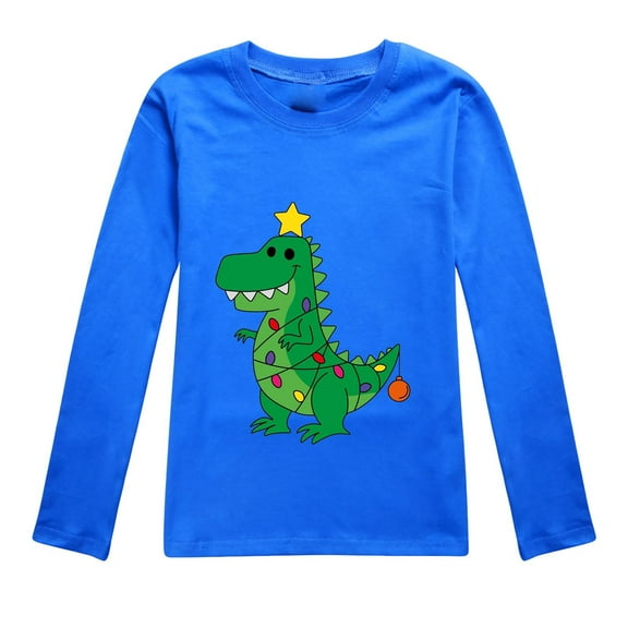 FUZHIQ Girl Long Sleeves Basic Toddler Boys Girls Autumn Long Sleeve Christmas Cartoon Dinosaur Prints T Shirt Tops Dark Blue,4-5 Years
