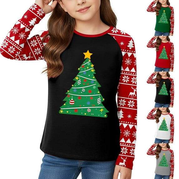 FUZHIQ Girl Long Sleeves Shirts Christmas Tree Print Round Neck Casual Blouse Warm Soft Tops Kids Girls And Boys Festive Holiday Party Wear White for 3-4 Years