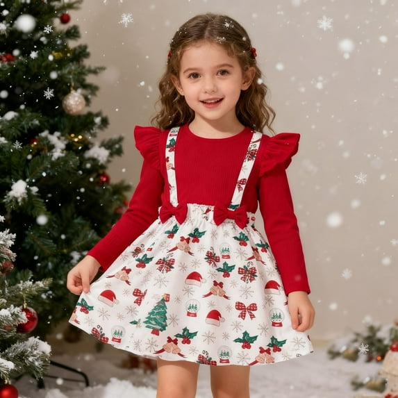 FUZHIQ Girl Outfits Ruffle Long Sleeve Heart Print Romper Suspender Skirt Clothes Set Fall Winter Dress,Multicolour,7-8 Years