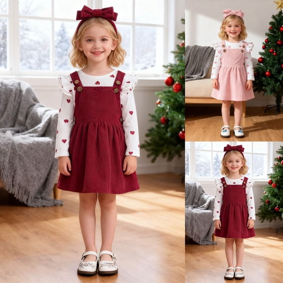 FUZHIQ Girl Outfits Ruffle Long Sleeve Heart Print Romper Suspender Skirt Clothes Set Fall Winter Dress,Pink,0-3 Months