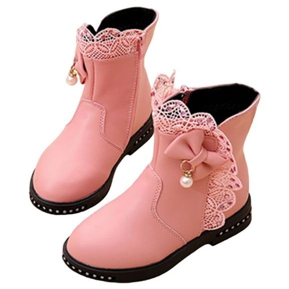 FUZHIQ Girls Ankle Boots Kids Bow Low Heel Side Zipper Dress Booties Fashion Fall Shoes