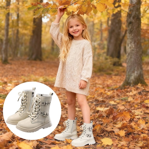 FUZHIQ Girls Boots Toddler Kids Fashion Short Ankle Dress Bow Booties with Side Zipper Boots Casual Wear with Comfort Heel Beige for 4.5-5 Years