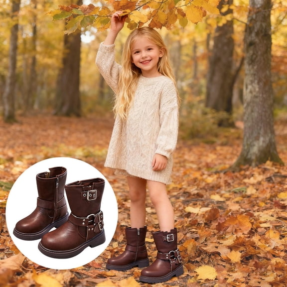 FUZHIQ Girls Boots Toddler Kids Fashion Short Ankle Dress Bow Booties with Side Zipper Boots Casual Wear with Comfort Heel Brown for 5-5.5 Years