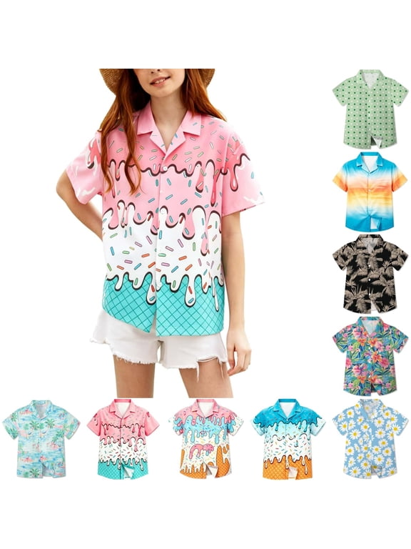 Girls Boys Hawaiian Shirt, Fashion Graphic Blouse Short Sleeve Button Down Beach Shirts, 3-4 Years