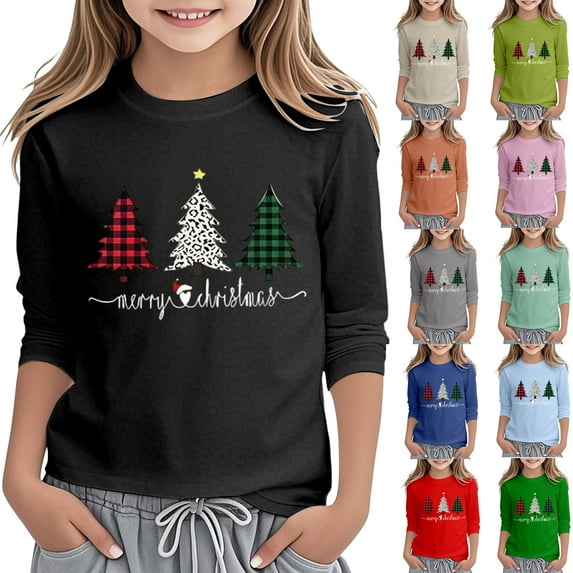 FUZHIQ Girls Christmas Shirts Xmas Santa Long Sleeve Tops Xmas Holiday Graphic Print T Shirt Red Green Casual Clothes,Mint Green,5-6 Years