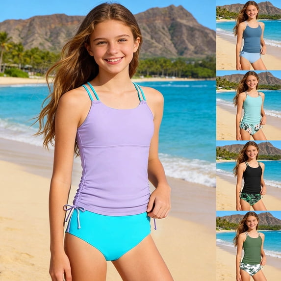 FUZHIQ Girls Color Block Tankini Sets Two Piece Swimsuit Double Straps Scoop Neck Ruched Side Drawstring Modest Summer Beach Bathing Suit,13-14 Years