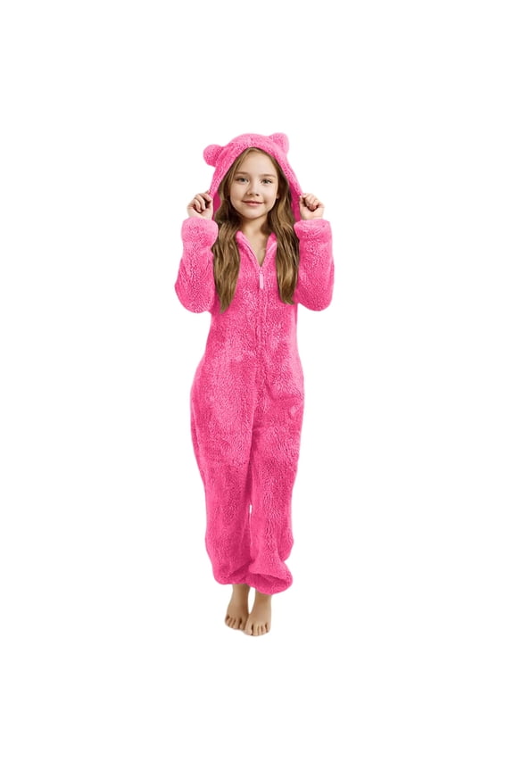 Girls Fleece Hooded Jumpsuit Fuzzy Flannel Winter Warm Rompers Casual Zip Up Bear Outfits one piece Cute Preppy Clothes for 4-5 Years