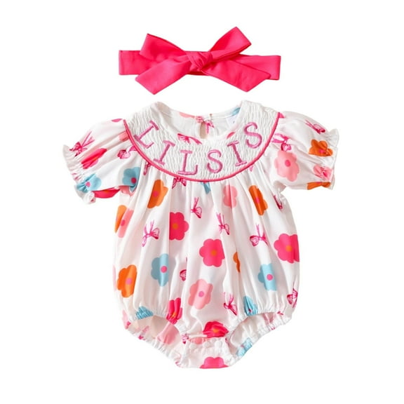 FUZHIQ Girls Jumpsuit With Headband Short Sleeve Floral Prints Romper Bodysuits Headbands Set Onesies Newborn Girl Outfit Clothes