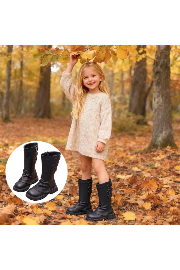 Girls Lace Up Riding Boots Mid Calf Combat Boots Side Zipper Punk Goth Boot Fall Winter Shoes with Comfort Heel Black for 3.5-4 Years