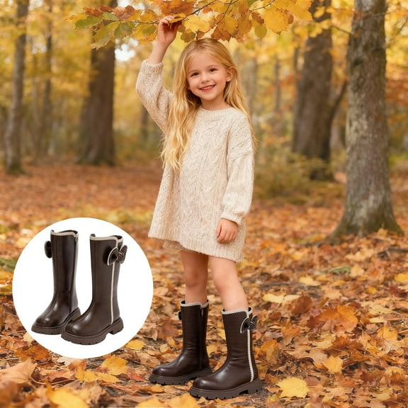 FUZHIQ Girls Lace Up Riding Boots Mid Calf Combat Boots Side Zipper Punk Goth Boot Fall Winter Shoes with Comfort Heel Brown for 10-10.5 Years