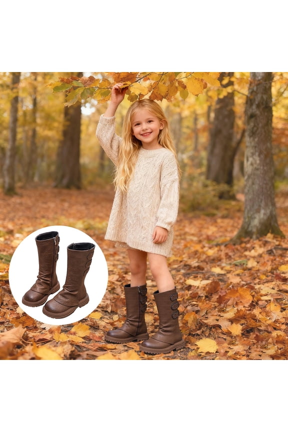 Girls Lace Up Riding Boots Mid Calf Combat Boots Side Zipper Punk Goth Boot Fall Winter Shoes with Comfort Heel Khaki for 10-10.5 Years