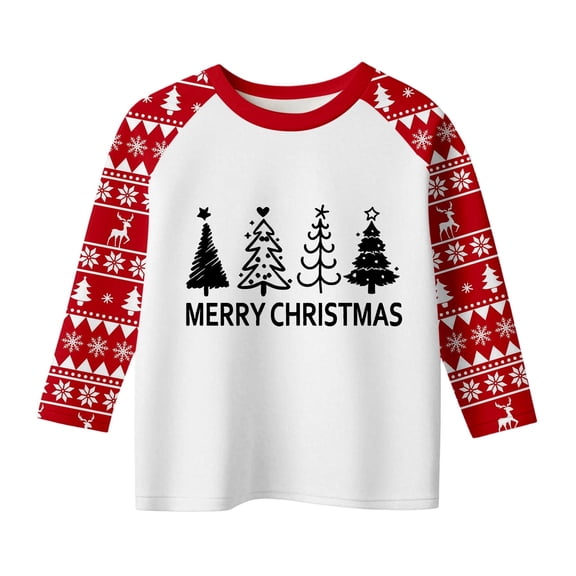 FUZHIQ Girls Long Sleeve Tees Shirts Christmas Tree Print Toddler Soft Crewneck Tee Tops Girls Comfort Long Sleeve Xmas T Shirt Blouse White,5-6 Years