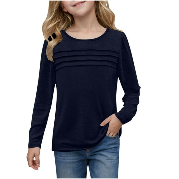 FUZHIQ Girls Raglan Long Sleeve Turtleneck T-Shirt Girls Pleated Front Long Sleeve Shirts Kids Puffed Soft Cute Casual Crewneck T Shirts Tops Navy,7-8 Years